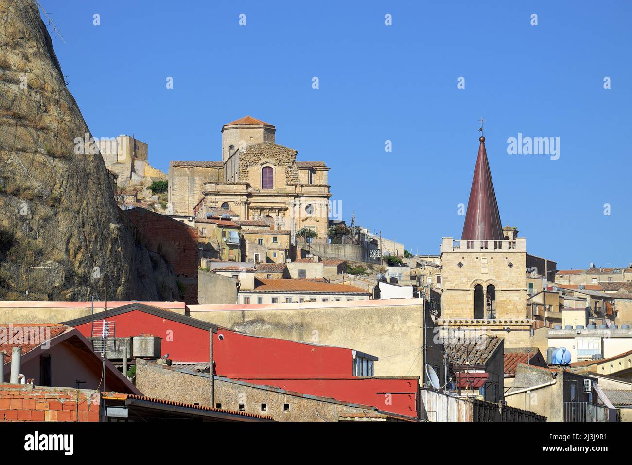 Basilica of Santa Maria Maggiore and bell tower of San Nicola Cathedral in Nicosia Old Town, Sicily Stock Photo