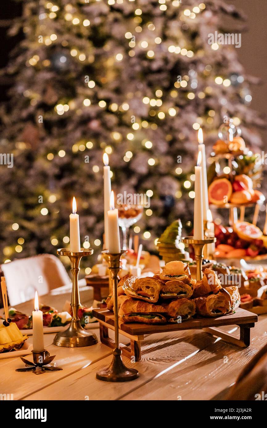 Catering. Off-site food. Buffet table with various canapes, sandwiches, hamburgers and snacks Stock Photo