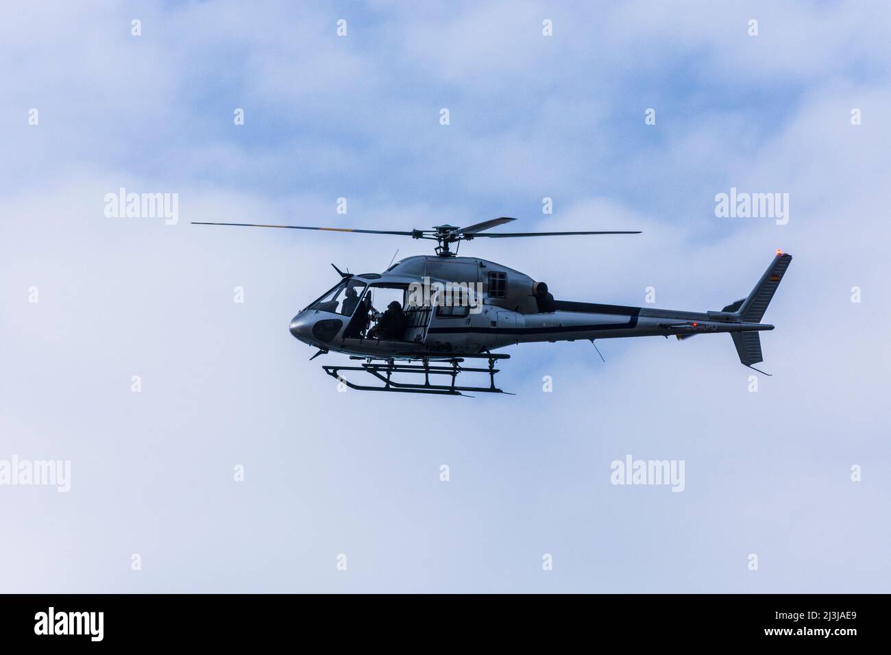 Vienna, helicopter Airbus Helicopters AS355 Ecureuil, for shooting Netflix film 'Tyler Rake ñ Extraction' with actor Chris Hemsworth in district 22. Donaustadt, Austria Stock Photo
