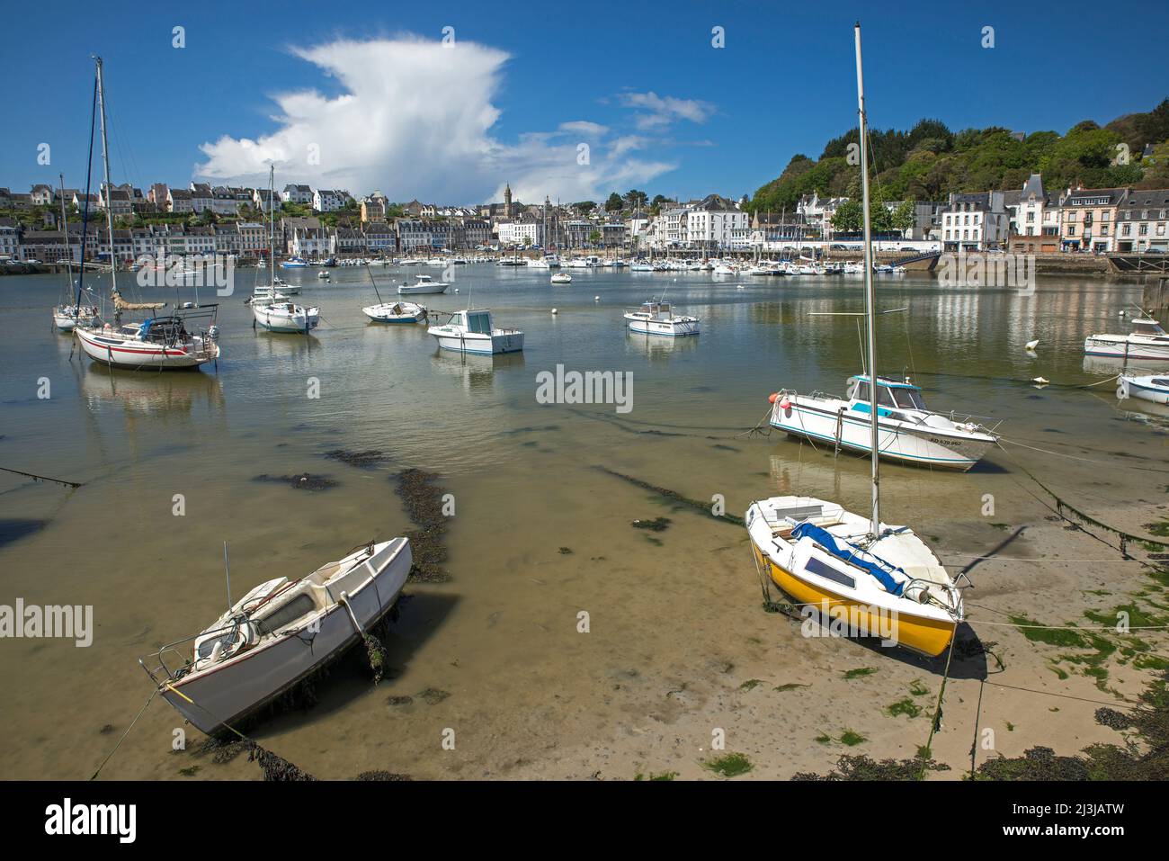 in the port of Audierne, residential and commercial buildings in the port district, France, Brittany, Finistère department Stock Photo