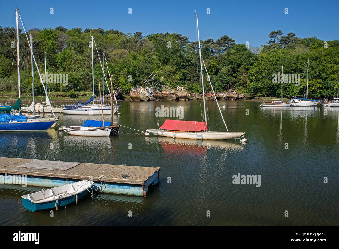 Douarnenez, sailboats and shipwrecks in the historic port of Port-Rhu, France, Brittany, Finistère department. Stock Photo