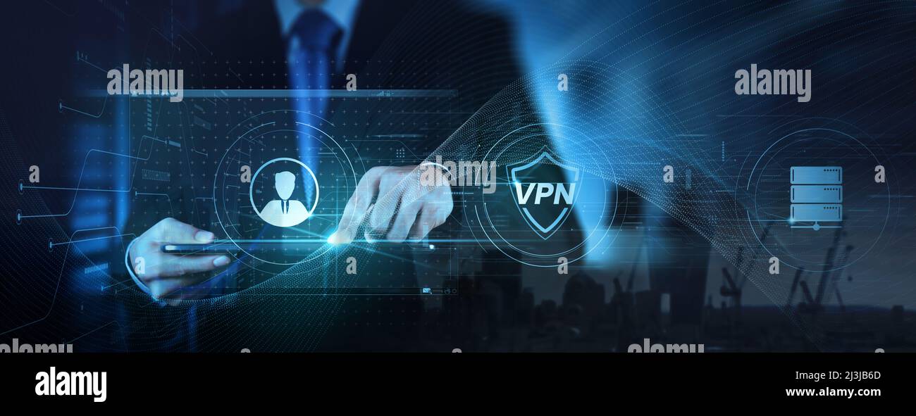 Businessman using Virtual Private Network technology on digital tablet computer encrypted tunnel to remote server on internet to protect data privacy Stock Photo