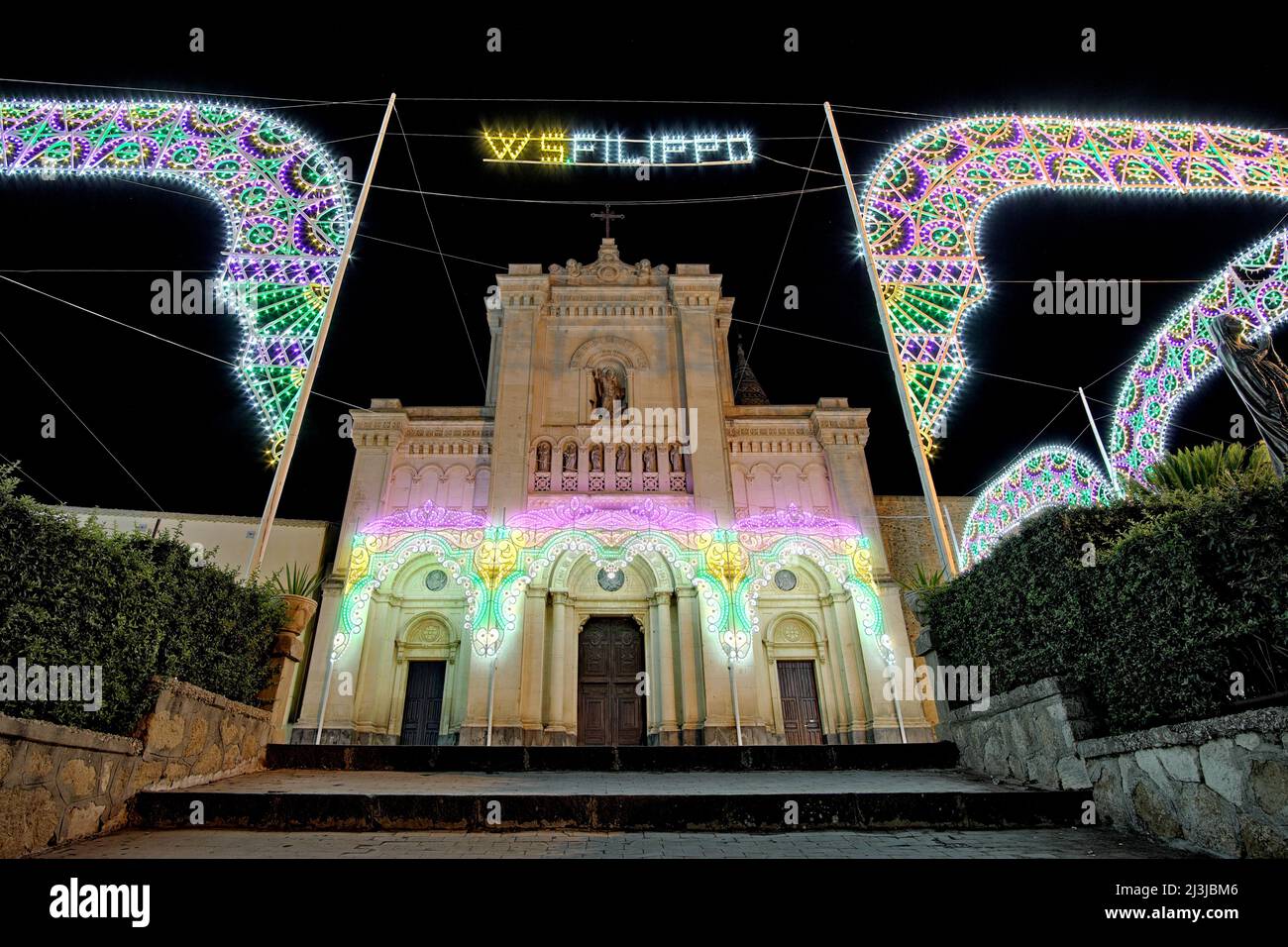 San Filippo Abbey and festive lights at night in Agira Old Town, Sicily Stock Photo