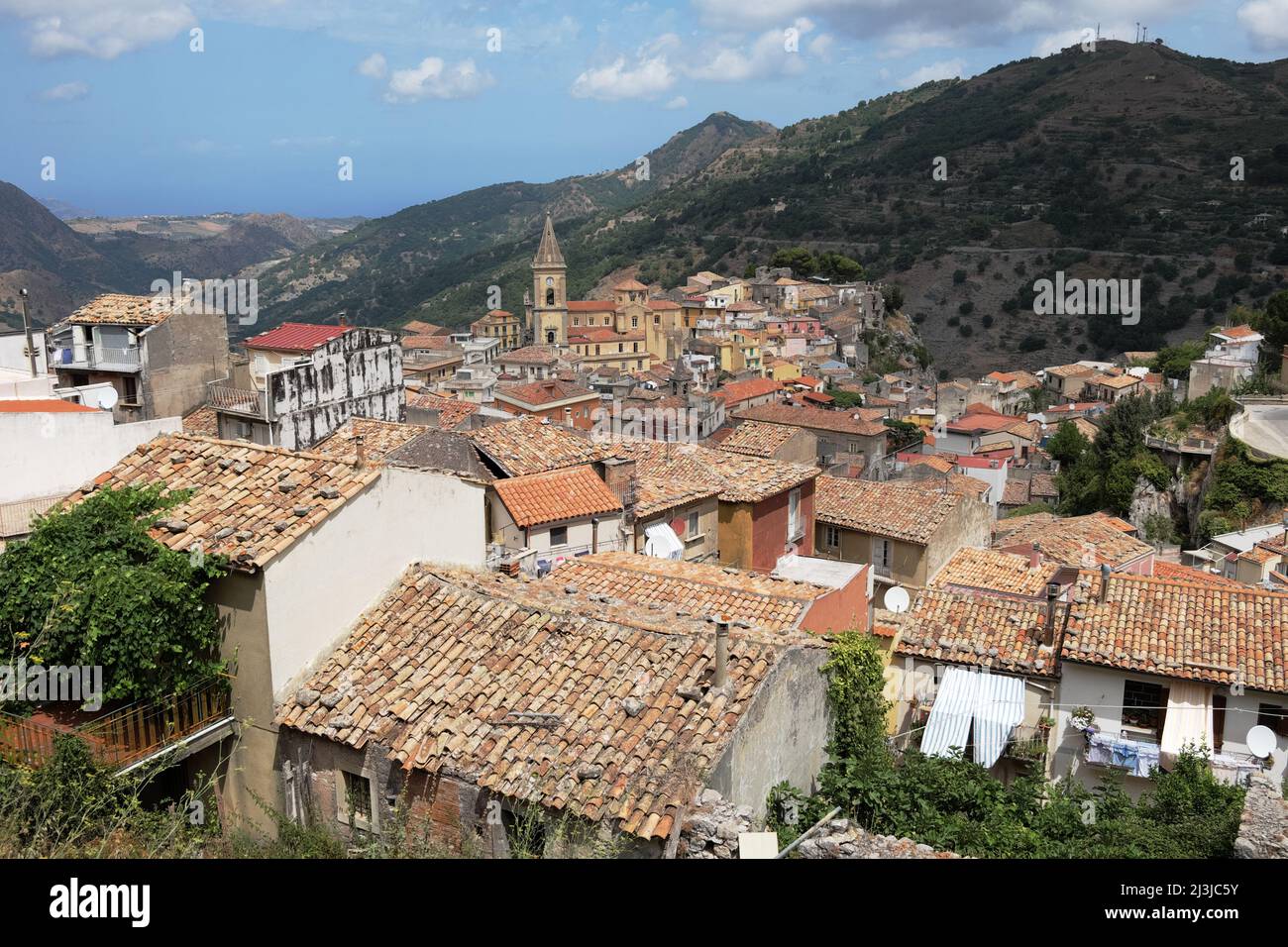 Novara Di Sicilia village view of top roof from high point, Sicily Stock Photo