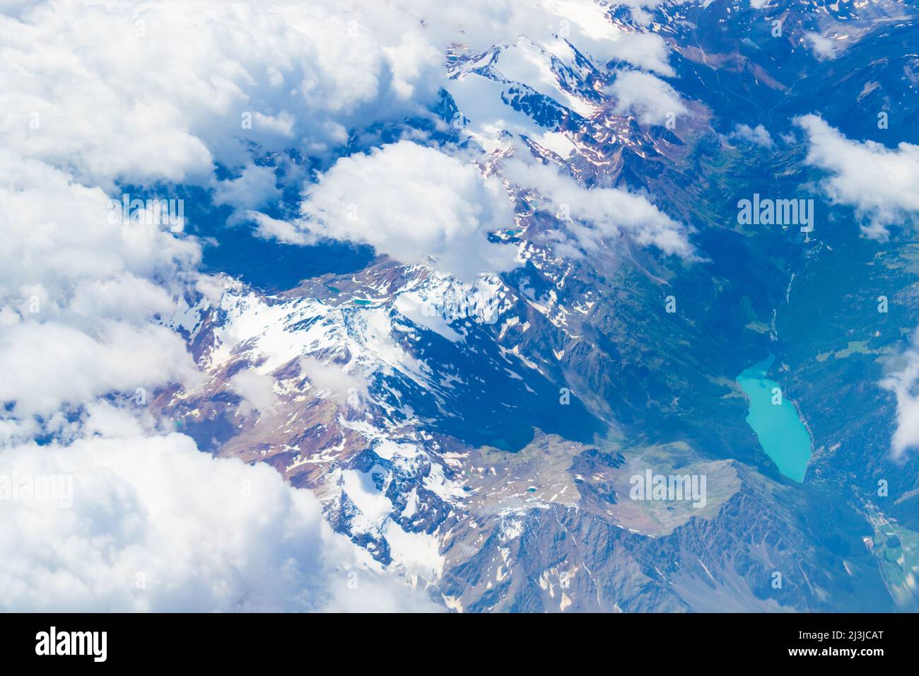 Aerial view of Alps mountains with The Lago Gioveretto Zufrittsee-an artificial lake in the Ortler Alps in South Tyrol.August 2021 Stock Photo