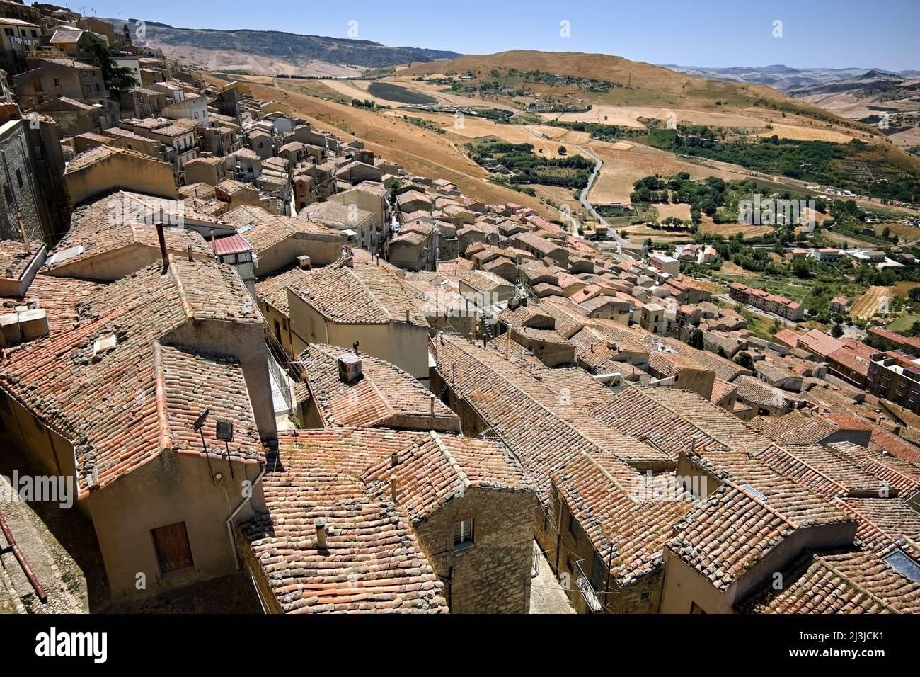 terracotta tiled view of top roof in Gangi Old Town, Sicily Stock Photo