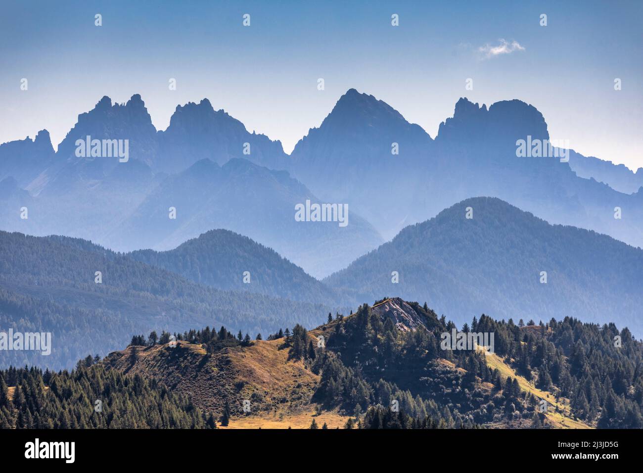 Europe, Italy, Veneto, province of Belluno, view of Bosconero mountain range with Sforniòi on the left and Sasso di Bosconero on the right side, Dolomites of Zoldo Stock Photo