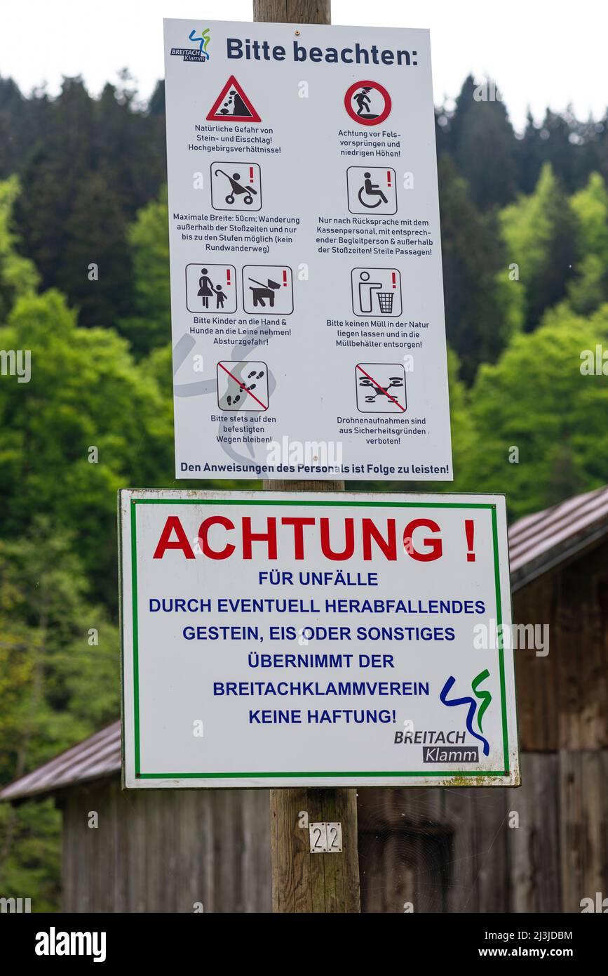 Warning notice at the beginning of the Breitachklamm gorge Stock Photo