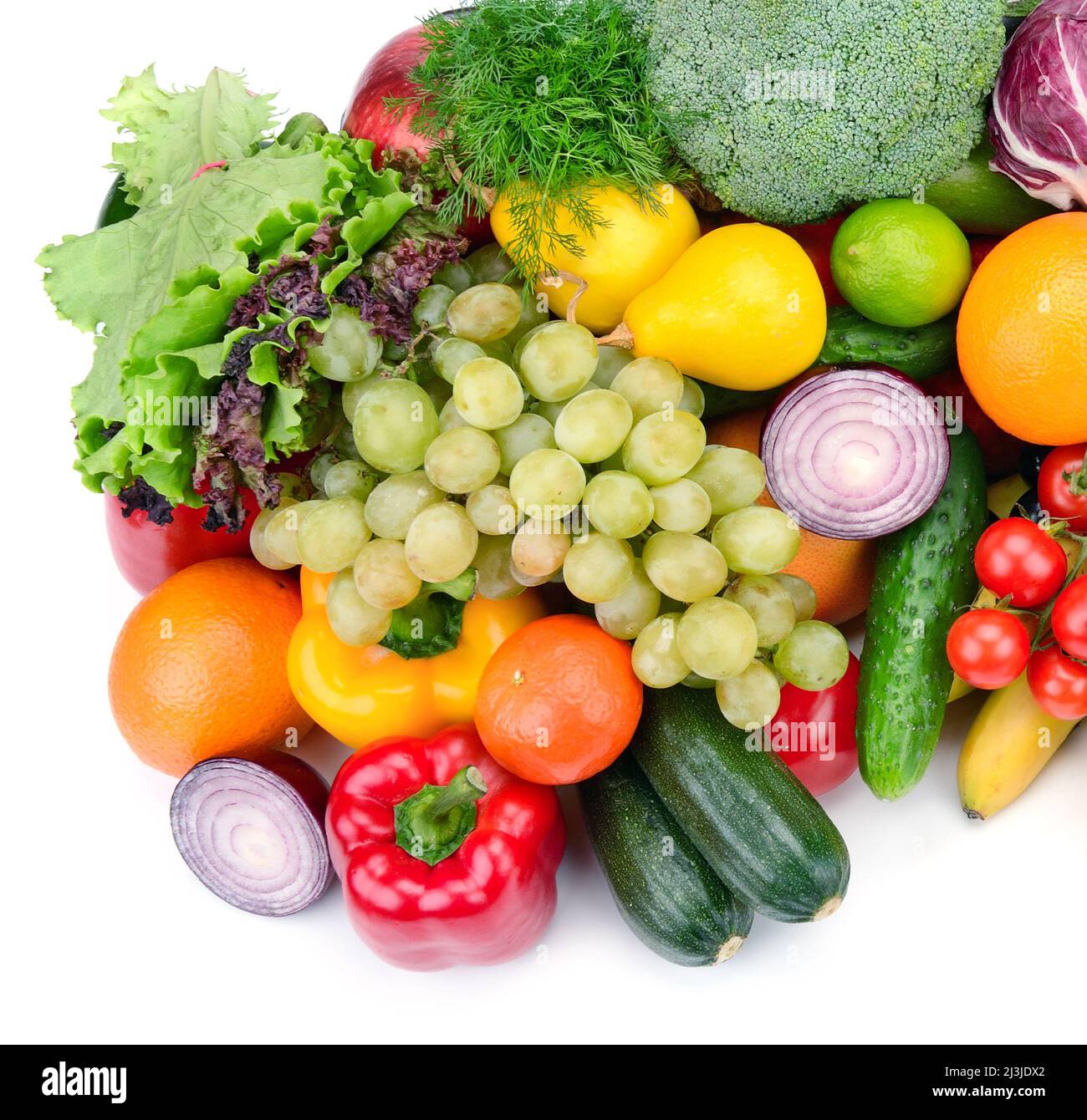 fresh fruits and vegetables isolated on white background Stock Photo