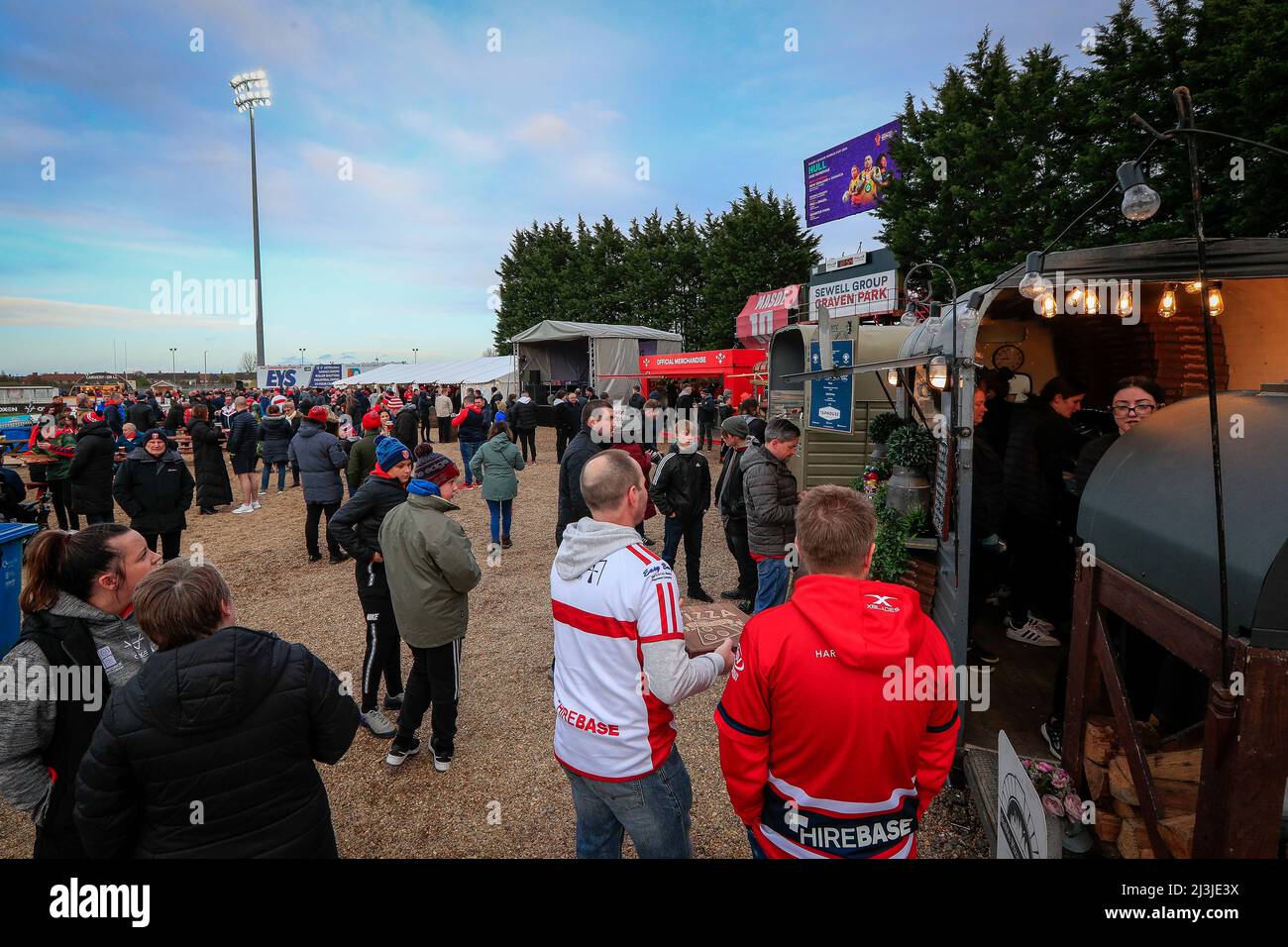 Music, food and entertainment is laid out in the new Pavilion area of The Sewell Group Craven Park Stadium ahead of the game Stock Photo