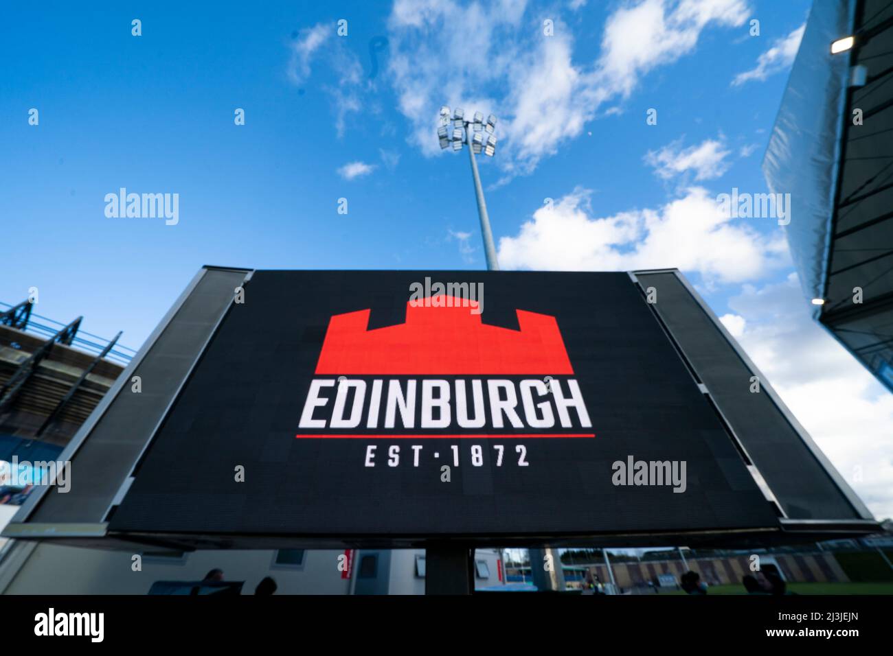 A general view of the club logo alongside the pitch before the EPCR Challenge Cup match at DAM Health Stadium, Edinburgh. Picture date: Friday April 8, 2022. Stock Photo