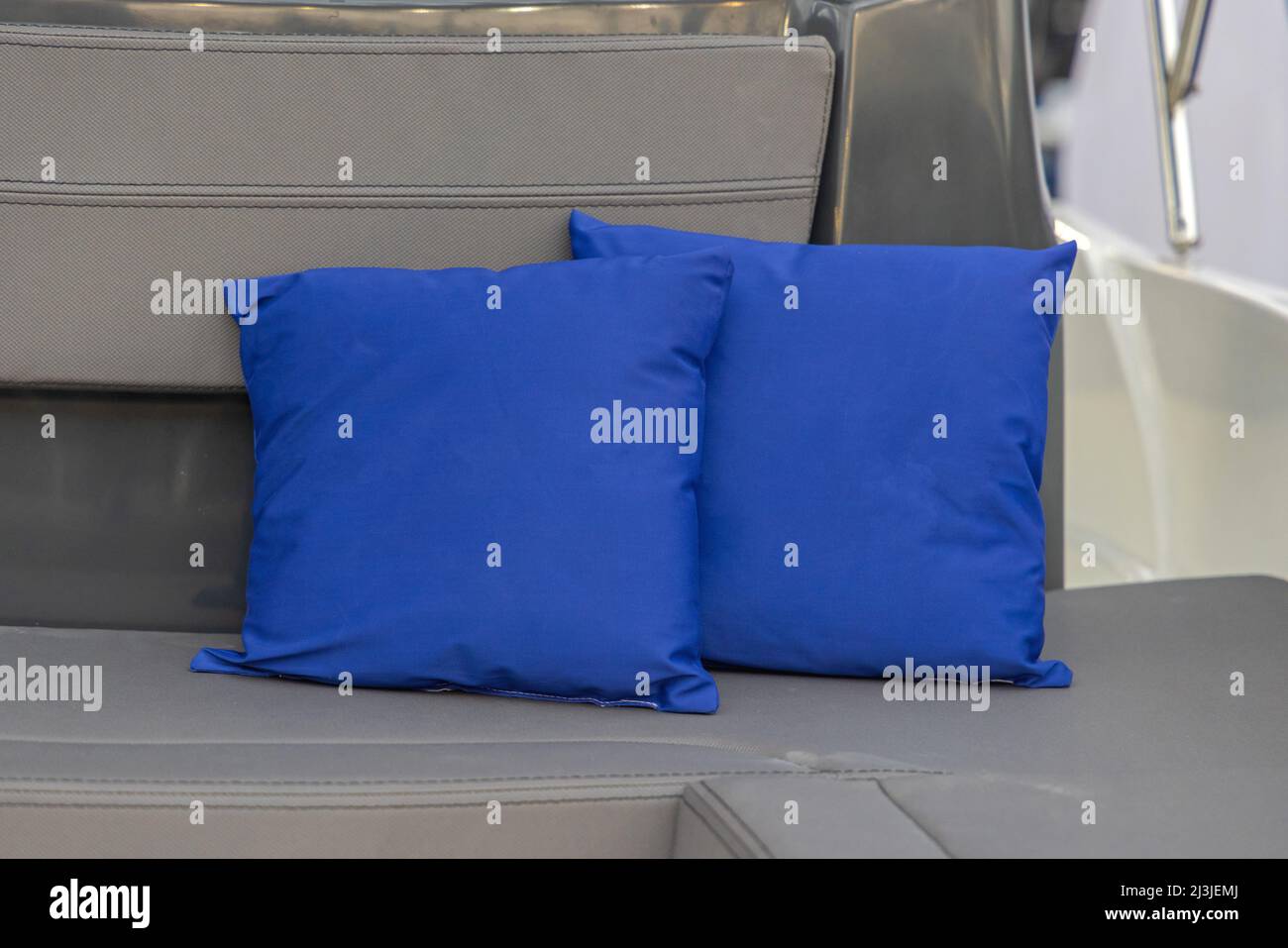Pair of Decorative Blue Pillows at Boat Deck Stock Photo Alamy