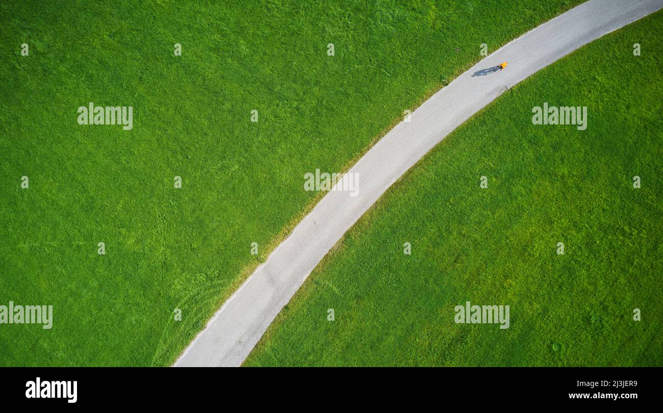 Road cyclist, aerial view, Münsing, Bavaria, Germany Stock Photo