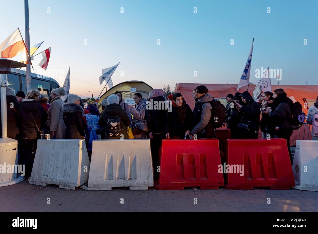 Medyka, Poland, March 17, 2022: Refugees from Ukraine arriving at Ukrainian-Polish border crossing in Medyka. People fleeing the war in Ukraine Stock Photo