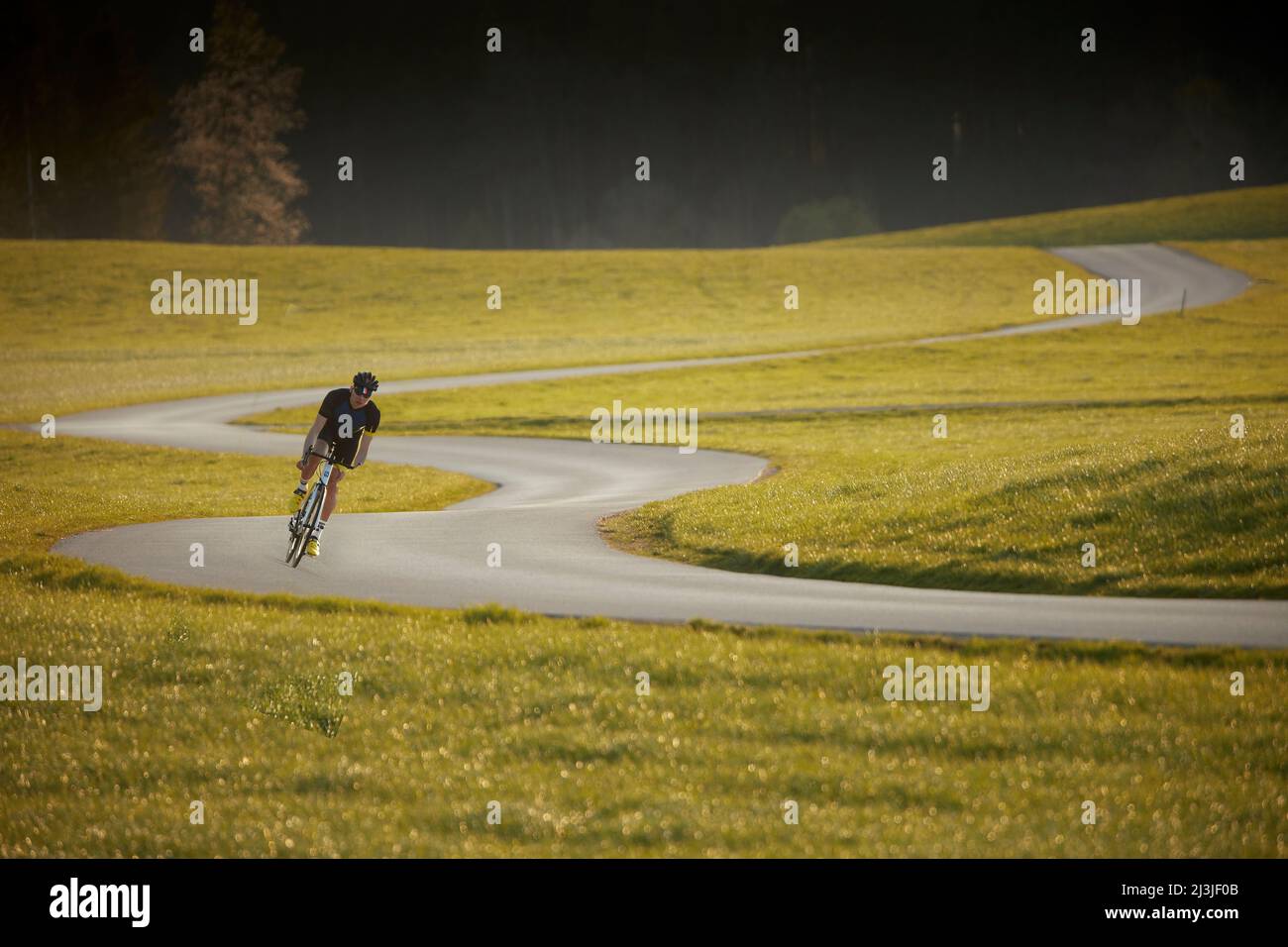 Road cyclist on curvy road near Degerndorf, Bavaria Germany Stock Photo