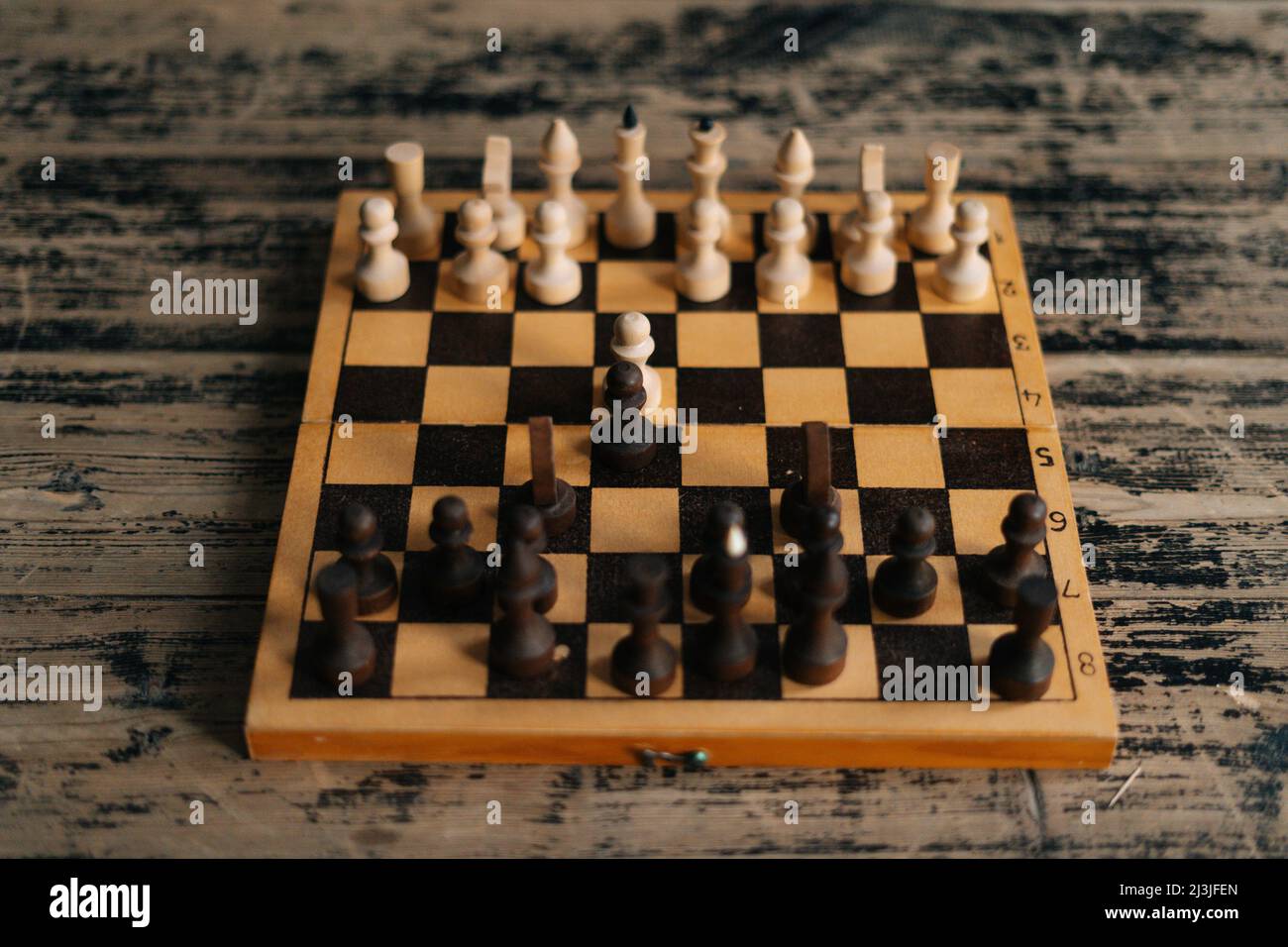 Overhead view of a chess board set up for a game Stock