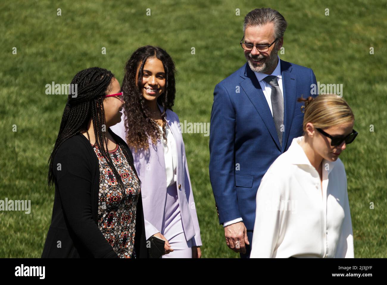 Washington, USA. 08th Apr, 2022. President Joe Biden's granddaughter Naomi Biden, right, arrives with Judge Ketanji Brown Jackson's family, from left, daughters Talia Jackson and Leila Jackson and husband Patrick Jackson for an event celebrating the judge's confirmation to the U.S. Supreme Court on the South Lawn of the White House on April 8, 2022 in Washington, DC. (Photo by Oliver Contreras/SIPA USA) Credit: Sipa USA/Alamy Live News Stock Photo