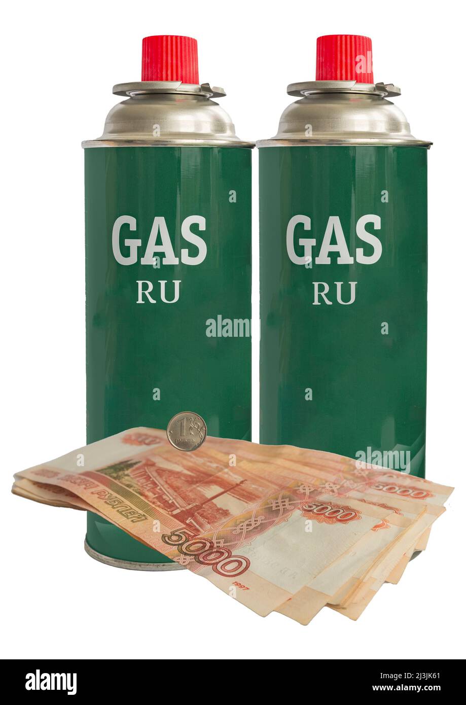 Russian paper bills and a one ruble coin on the background of gas cylinders Stock Photo