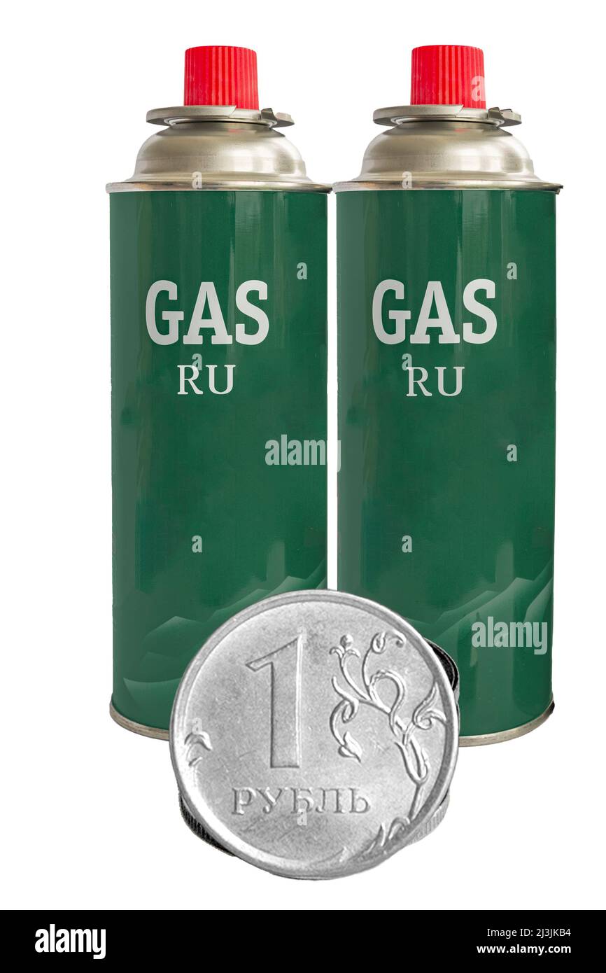 cylinders with Russian liquefied gas and a one ruble coin Stock Photo