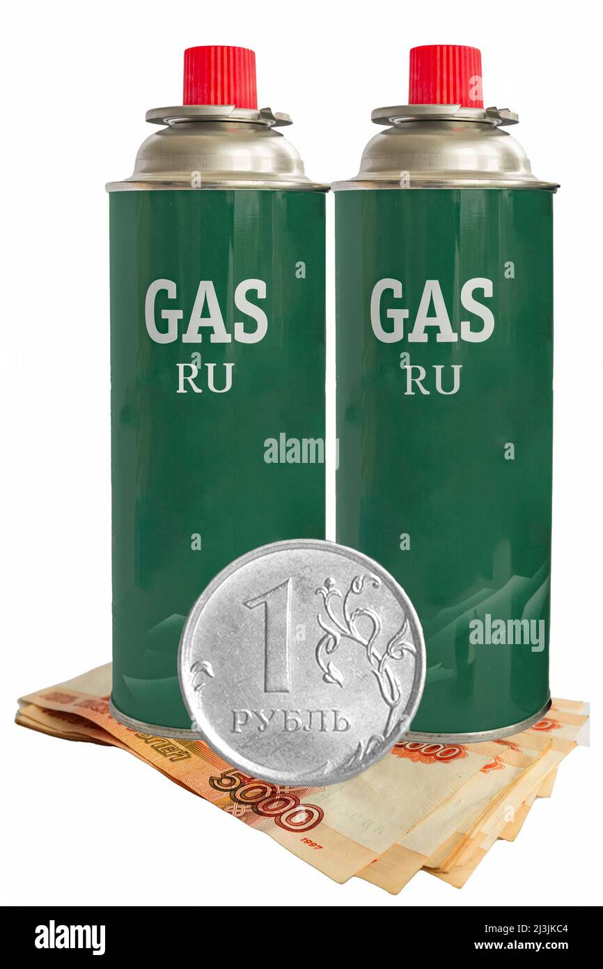 Russian gas cylinders with paper money and coin Stock Photo