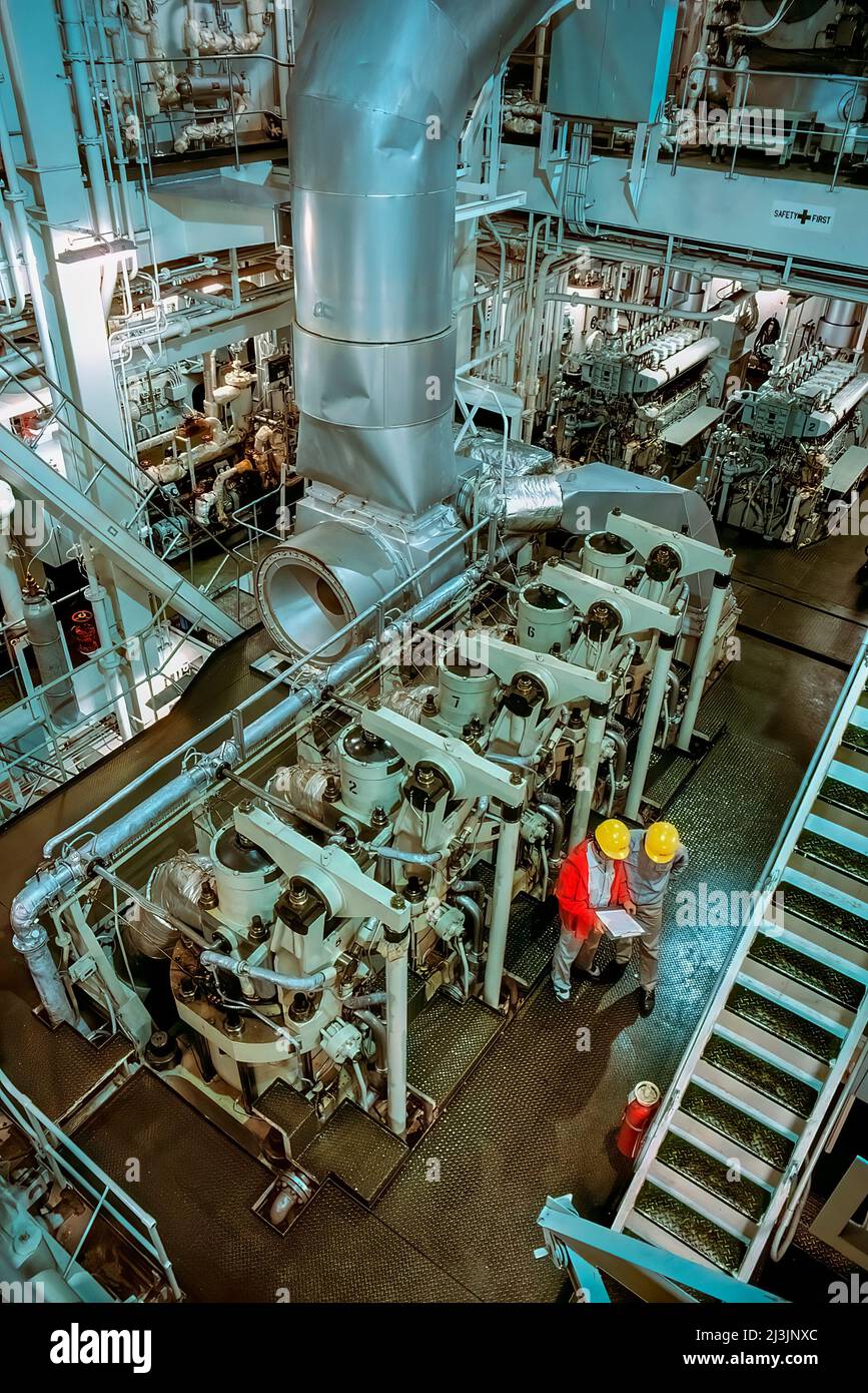 Engine Room of Ocean Tanker, diesel engine, ship Stock Photo