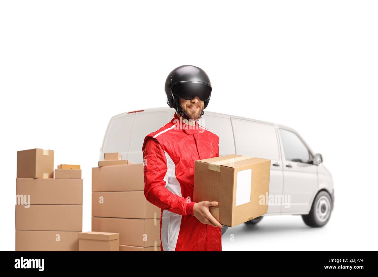 Motorist with a van in a racing suit and helmet holding a cardboard box ...