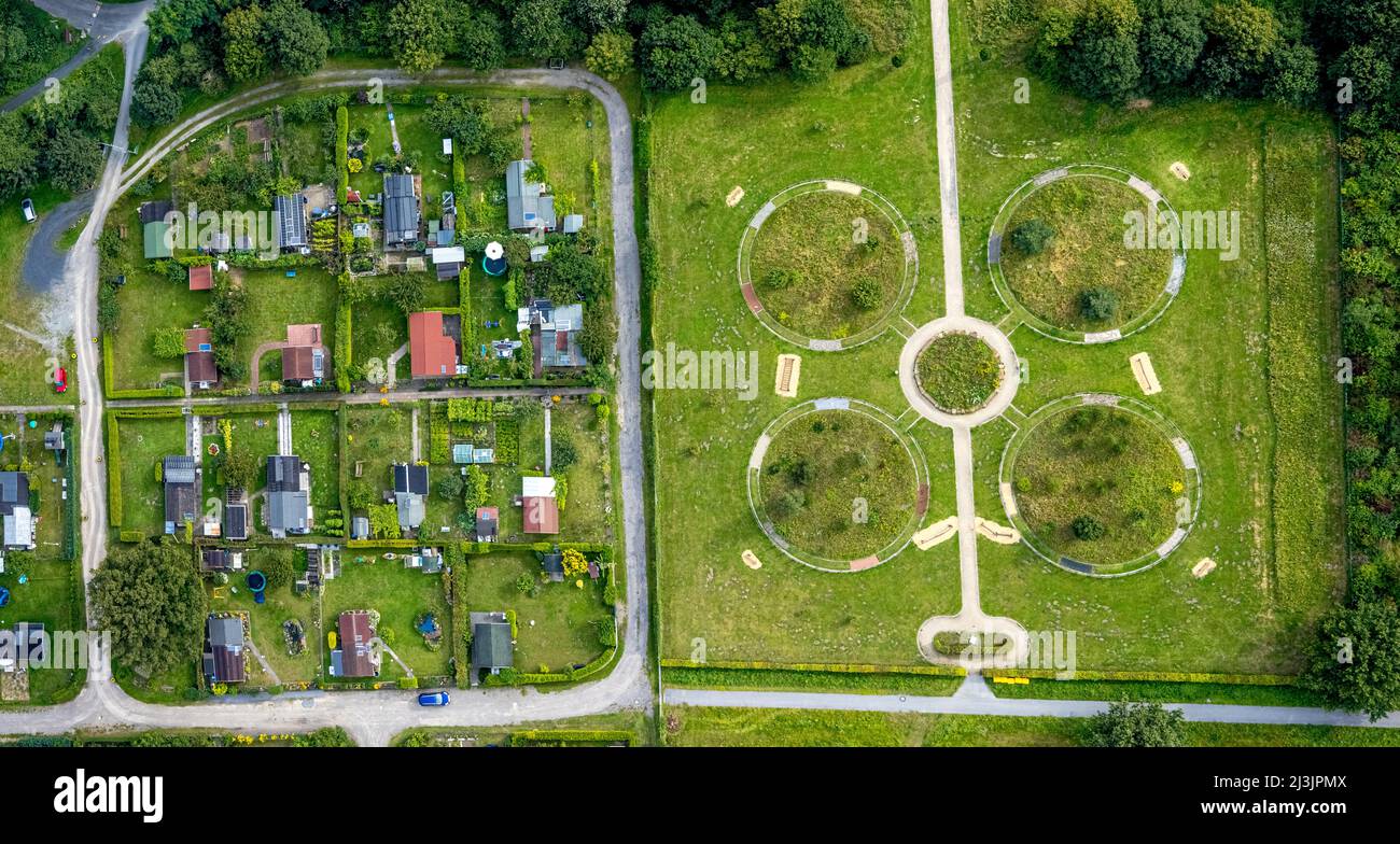 Aerial view, Daberg cemetery and intercultural garden with barefoot path in Herringen, Hamm, Ruhr area, North Rhine-Westphalia, Germany, burial site, Stock Photo