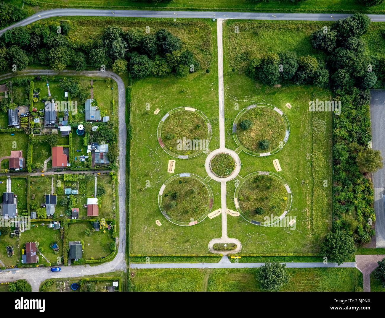Aerial view, Daberg cemetery and intercultural garden with barefoot path in Herringen, Hamm, Ruhr area, North Rhine-Westphalia, Germany, burial site, Stock Photo
