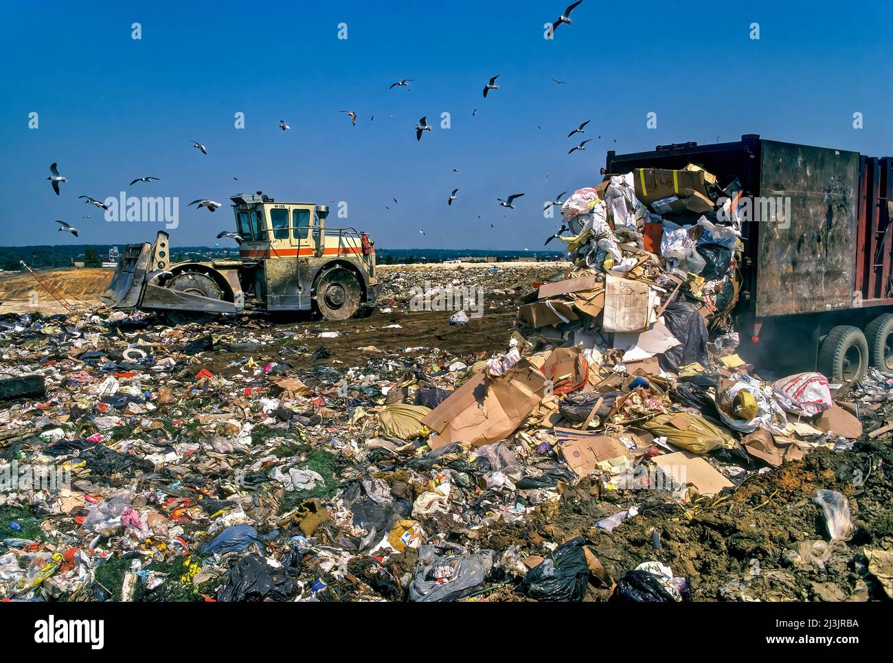Garbage Truck Dumping Load at Landfill as Sheep's Feet Dozers Spread the Refuse Stock Photo