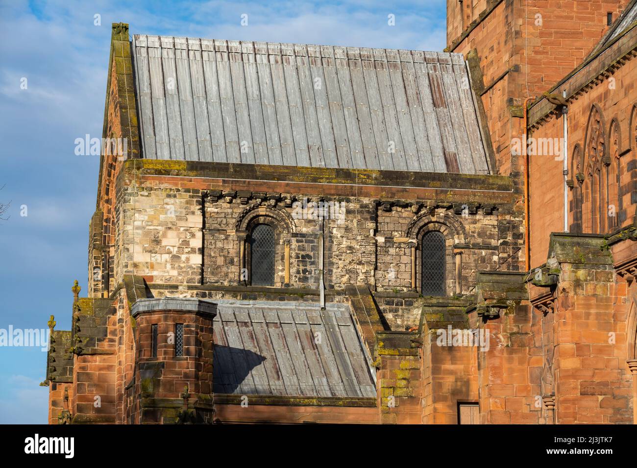 Exterior of old Cathedral in a town center on a beautiful Spring morning.  Carlisle, England. Stock Photo