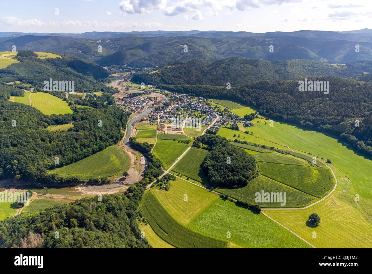 Aerial photograph, flooded area on the river Ahr in Insul, Ahr flood, Ahr valley, Rhineland-Palatinate, Germany, Ahr flood, mountains and valleys, DE, Stock Photo