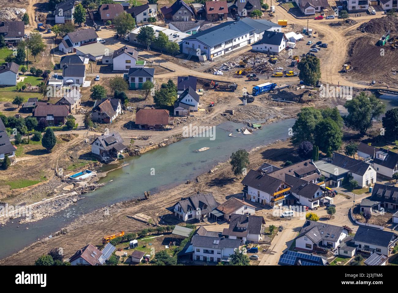 Aerial photograph, flooded area on the river Ahr in Insul, Ahr flood, Ahr valley, Rhineland-Palatinate, Germany, Ahr flood, mountains and valleys, bri Stock Photo