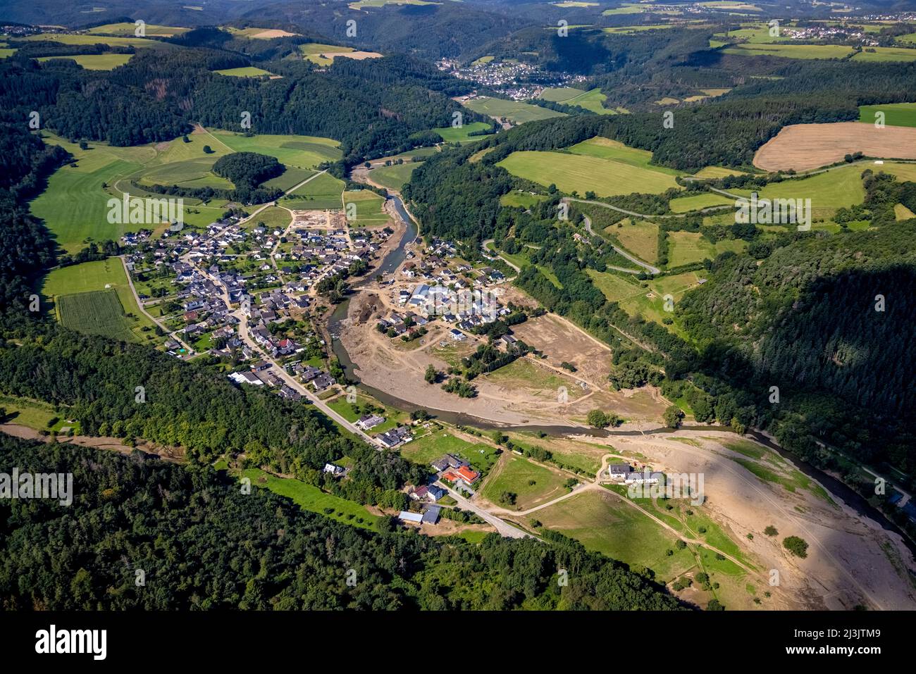 Aerial photograph, flooded area on the river Ahr in Insul, Ahr flood, Ahr valley, Rhineland-Palatinate, Germany, Ahr flood, mountains and valleys, DE, Stock Photo