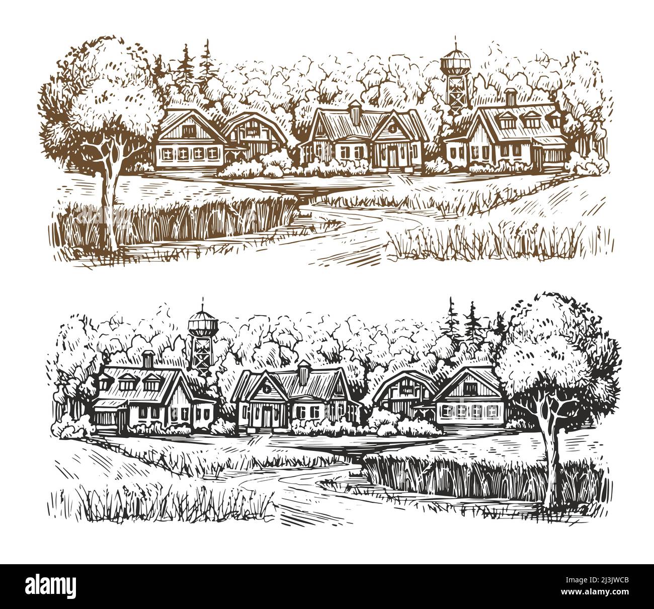Village scenery drawing landscape hi-res stock photography and ...