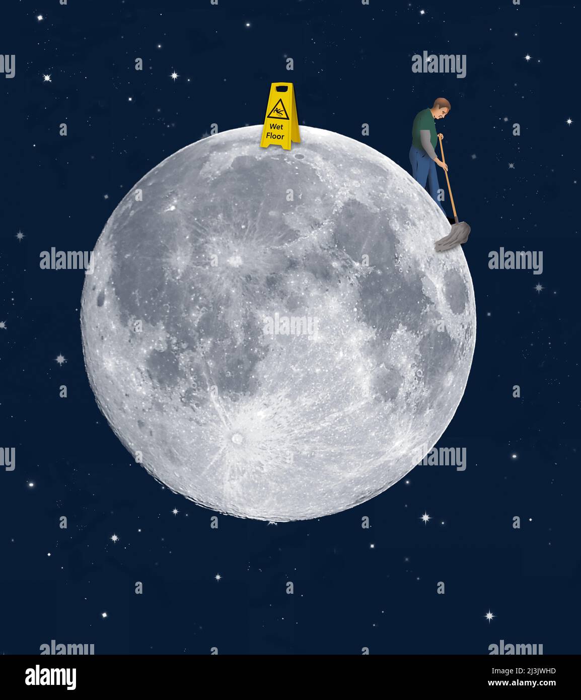 A custodian with a mop and his sign waring of a wet floor is seen on the surface of the moon in this 3-d illustration. If they find water on the moon Stock Photo