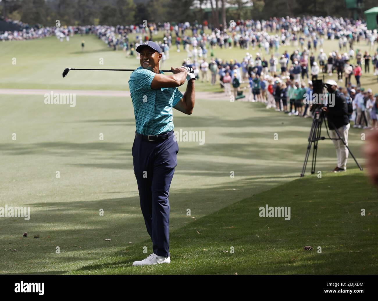 Augusta, USA. 08th Apr, 2022. Tiger Woods hits his second shot to the 8th hole in the second round of The Masters golf tournament at Augusta National Golf Club in Augusta, Georgia on Friday, April 8, 2022. Photo by John Angelillo/UPI Credit: UPI/Alamy Live News Stock Photo