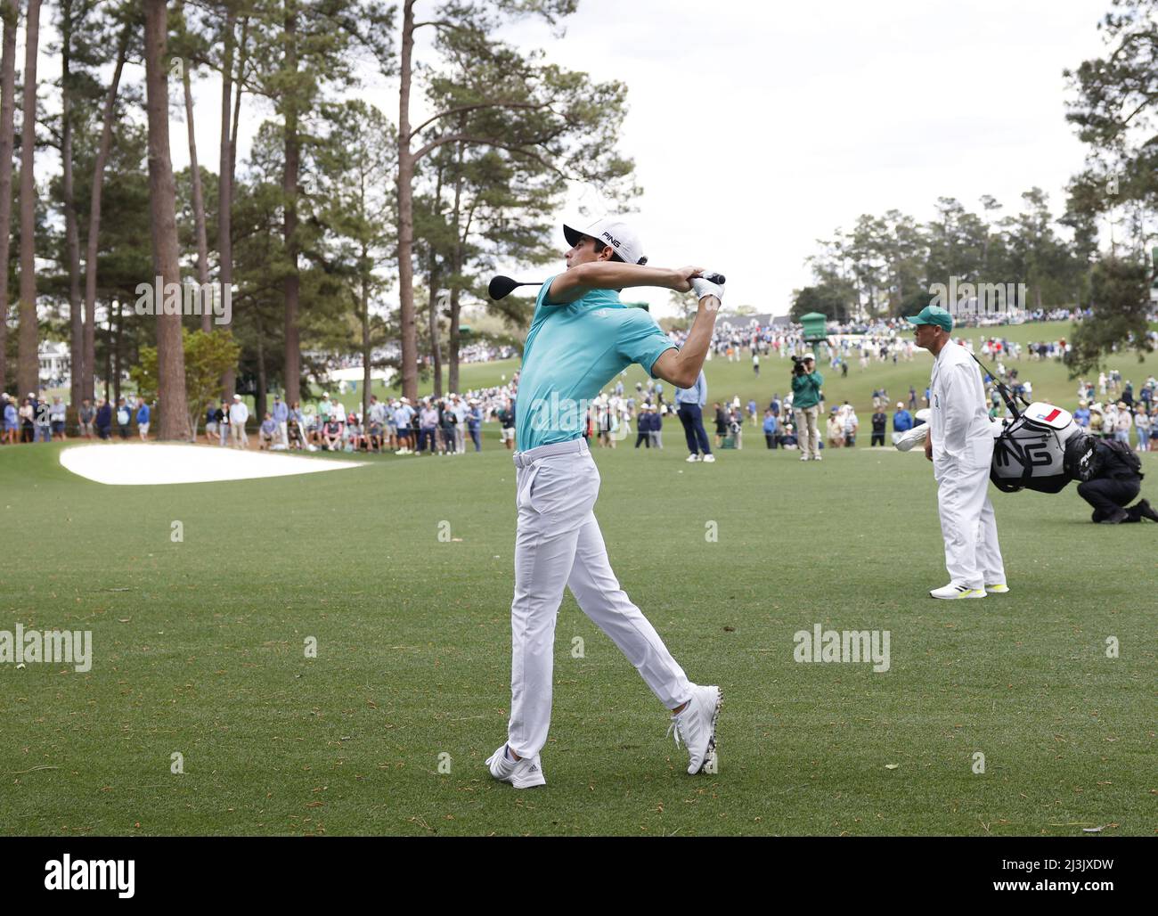 Augusta, USA. 08th Apr, 2022. Joaqu'n Niemann hits his second shot to the 8th hole in the second round of The Masters golf tournament at Augusta National Golf Club in Augusta, Georgia on Friday, April 8, 2022. Photo by John Angelillo/UPI Credit: UPI/Alamy Live News Stock Photo