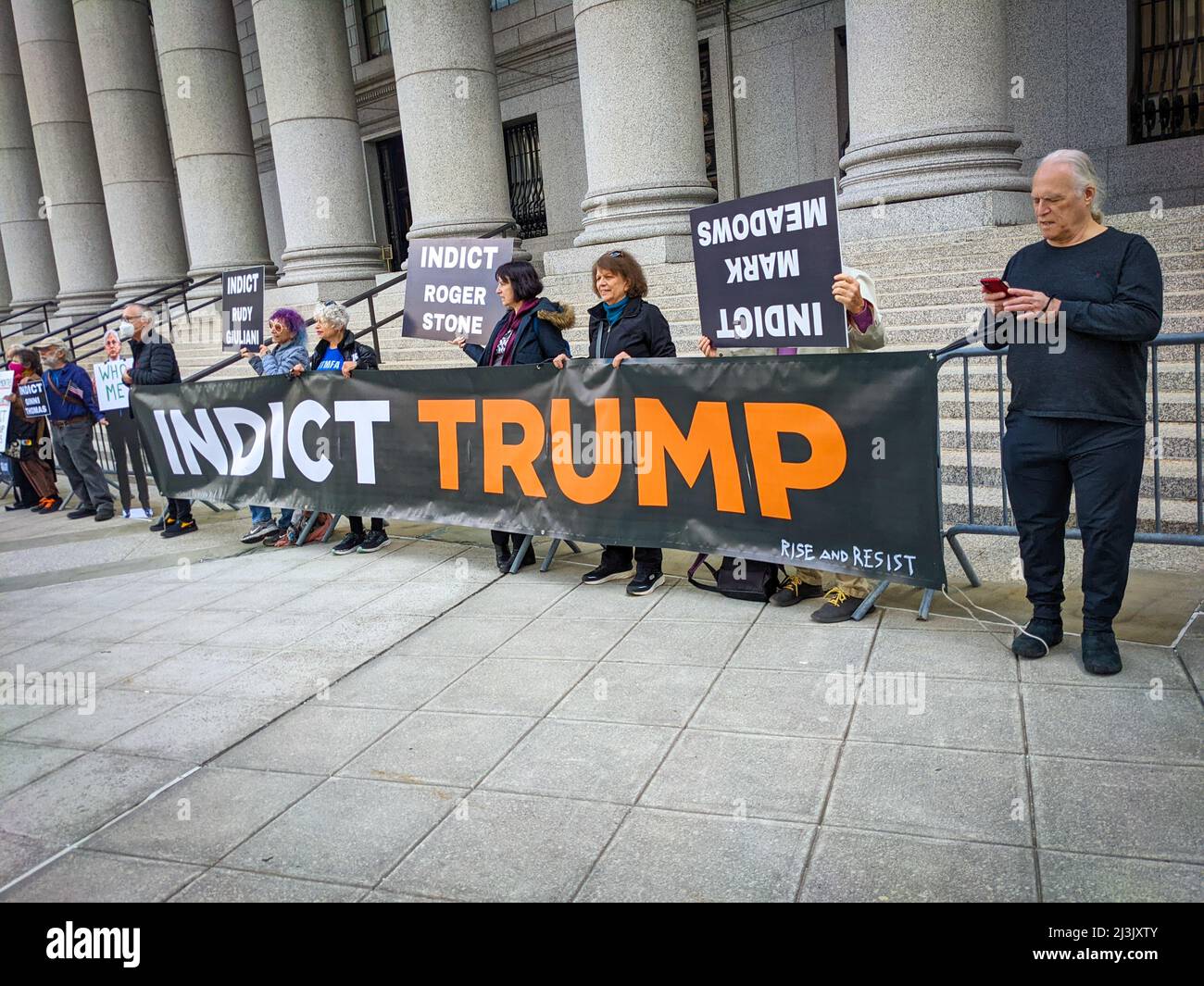 Activists gathered at Foley Square, NYC demanding the Justice Dept. to indict all of the leaders of the January 6th attack on the Capitol attack. Stock Photo