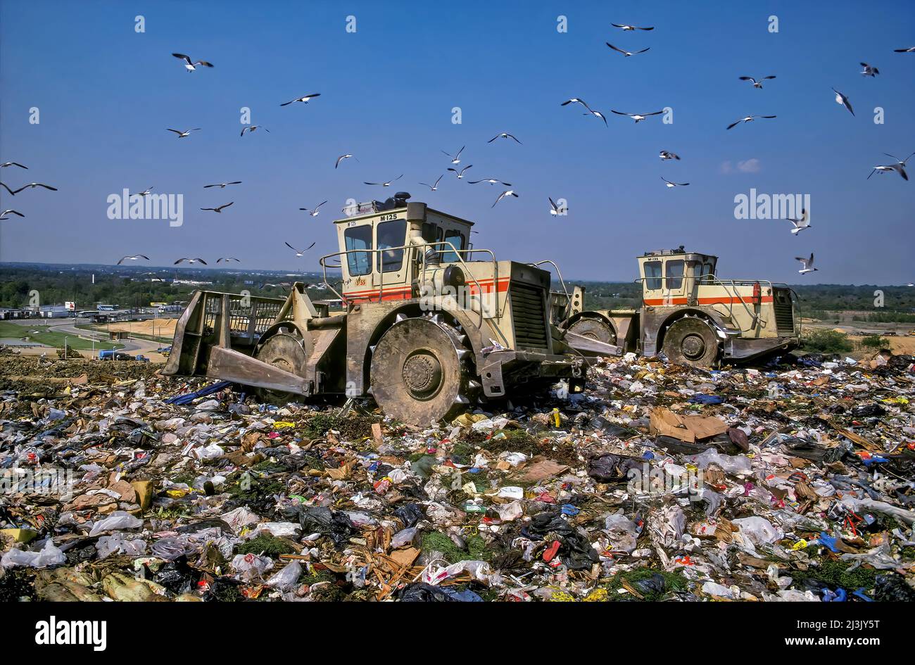 Sheep's Feet Dozers Spread the Refuse on Landfill, Pennsauken, PA Stock Photo