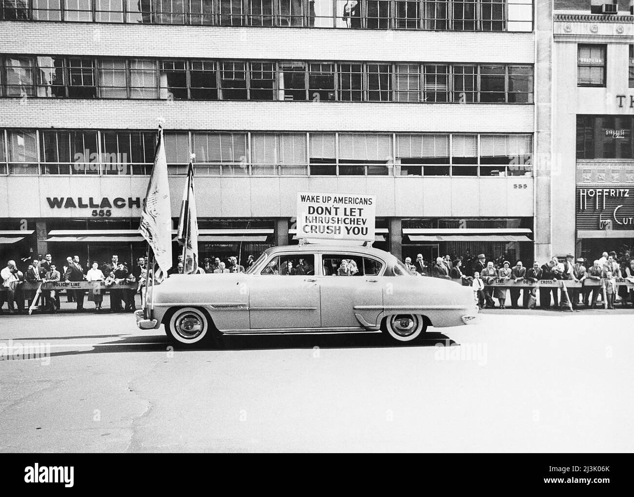 Car displaying protest poster opposing Soviet Leader Nikita Khrushchev, New York City, New York, USA,  Angelo Rizzuto, Anthony Angel Collection, October 1959 Stock Photo