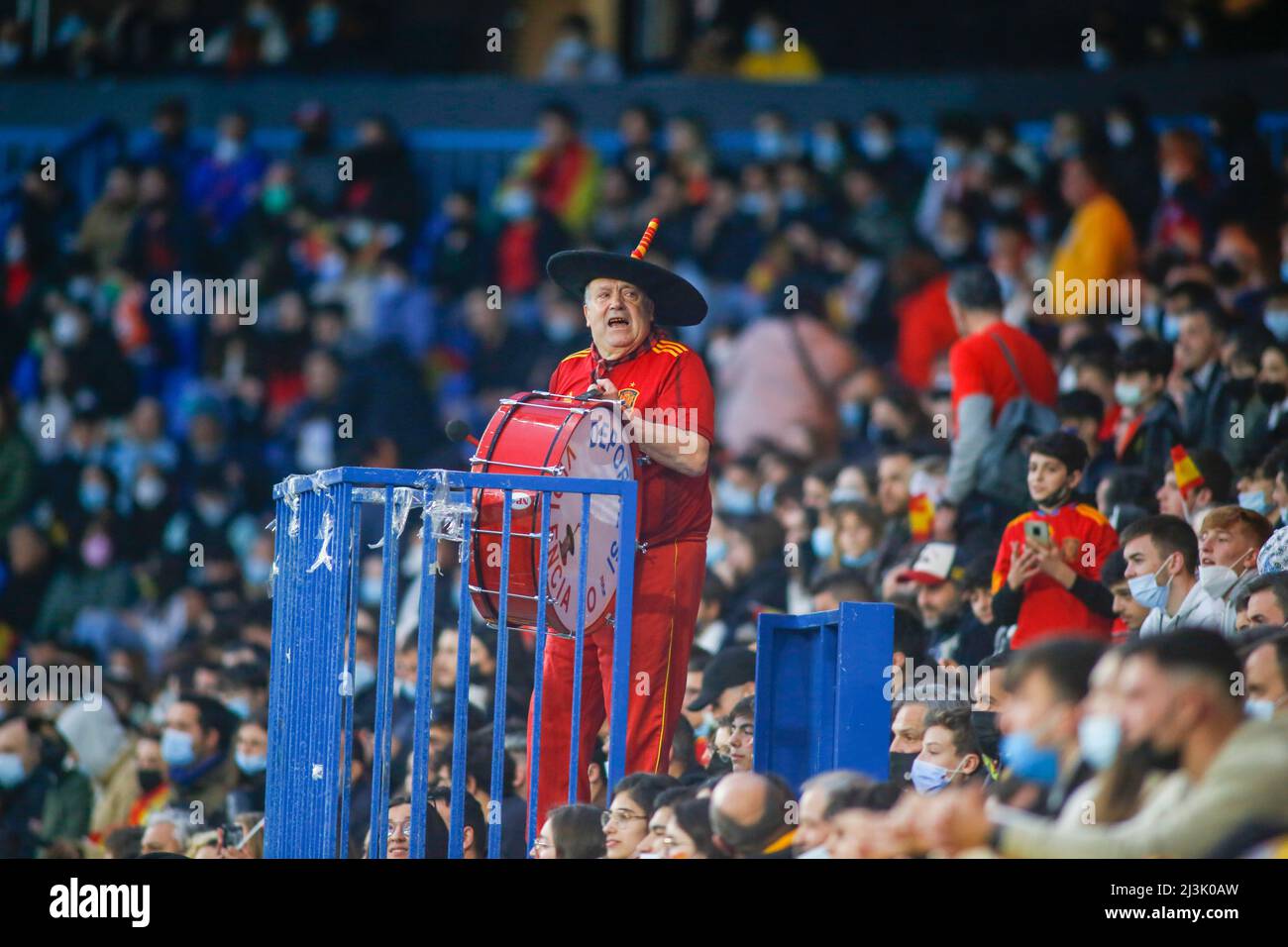 Coruna - Spain: Manolo, el del bombo, "number 12" for the Spanish national team animates the crowd during Spain's 5-0 victory over iceland March 29, 2 Stock Photo
