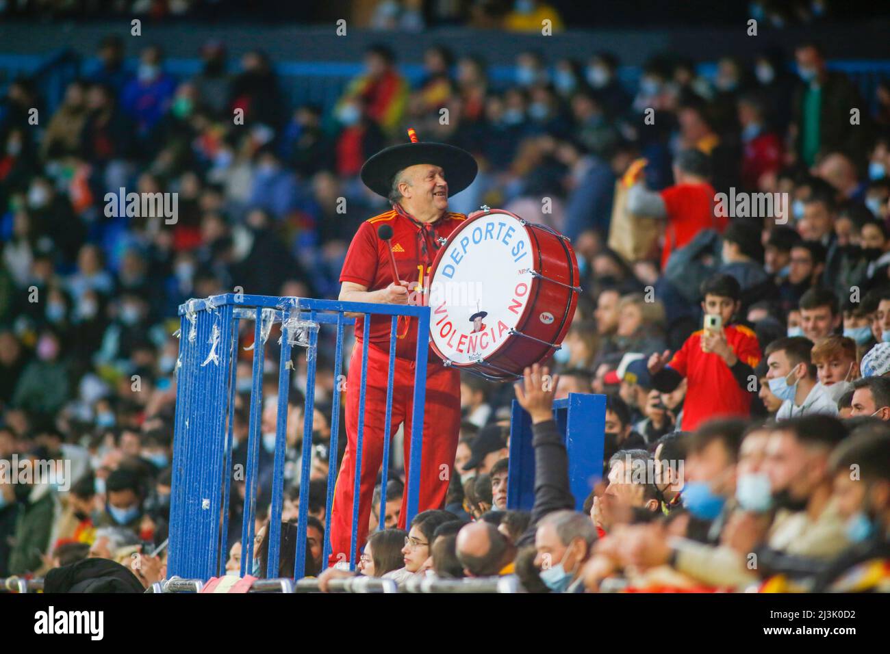 Coruna - Spain: Manolo, el del bombo, "number 12" for the Spanish national team animates the crowd during Spain's 5-0 victory over iceland March 29, 2 Stock Photo
