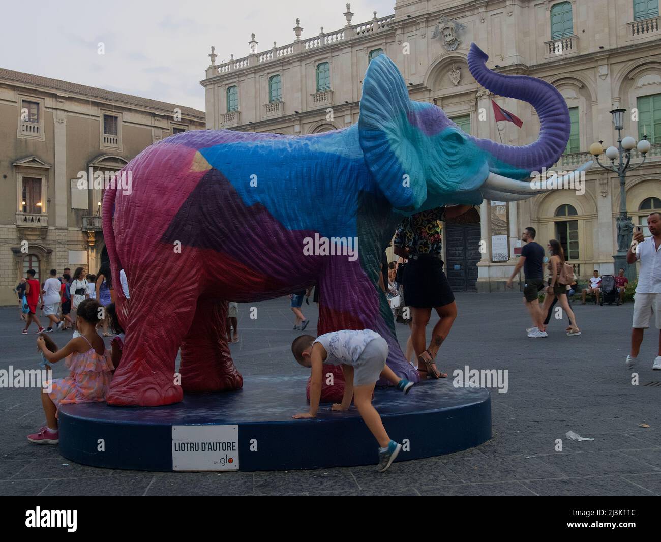 Coloured elephant - “Liotru” street art by Salvo Ligama, Catania, Sicily, Italy Stock Photo