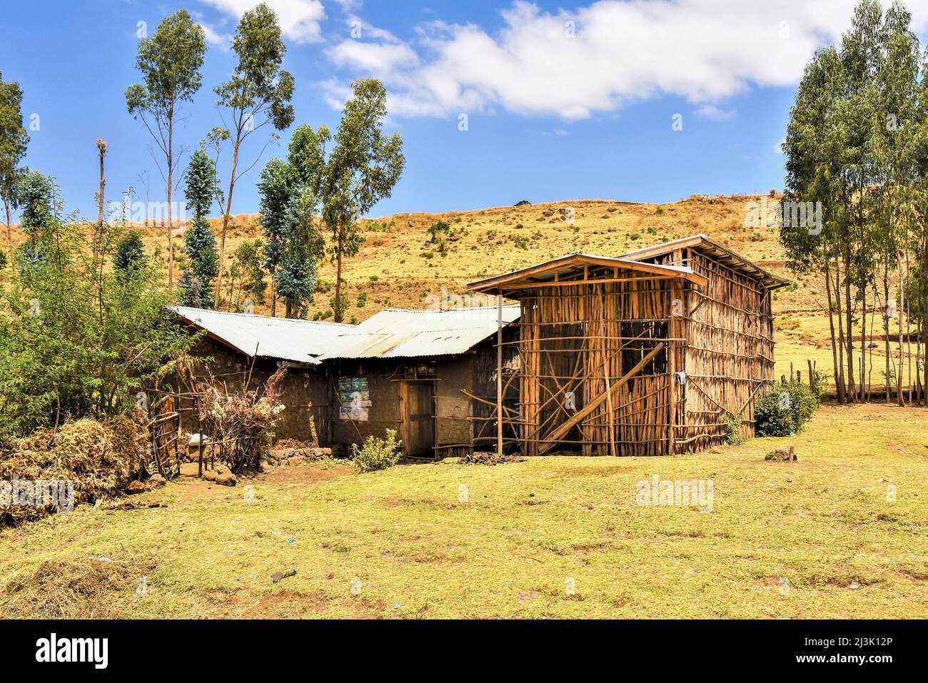 House and barn on a farm in the Highlands of Ethiopia; Ethiopia Stock