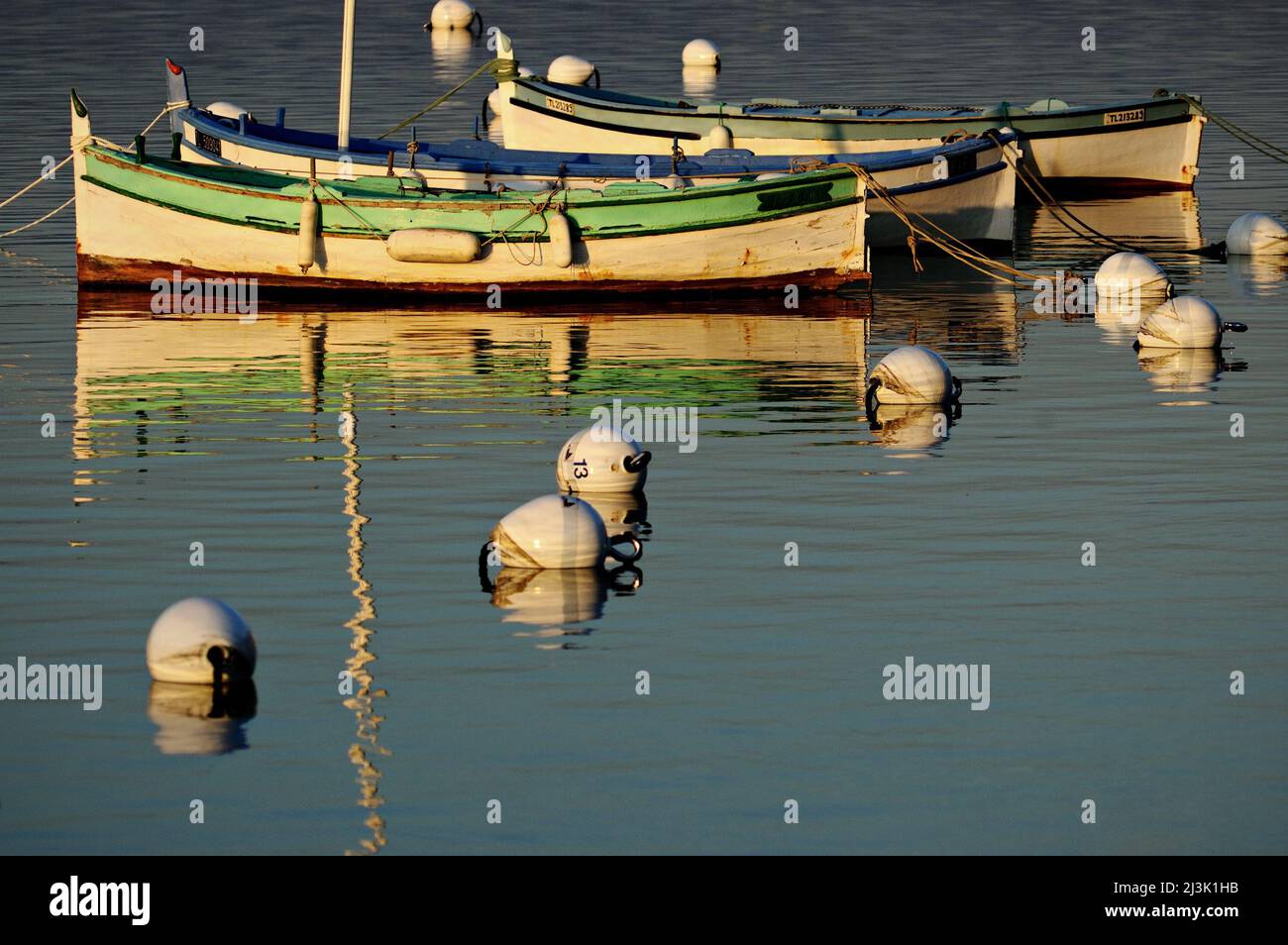 Mooring buoys and rowboats at Le Brusc, Six-Fours-les-Plages, Var, Provence-Alpes-Côte d'Azur, France Stock Photo