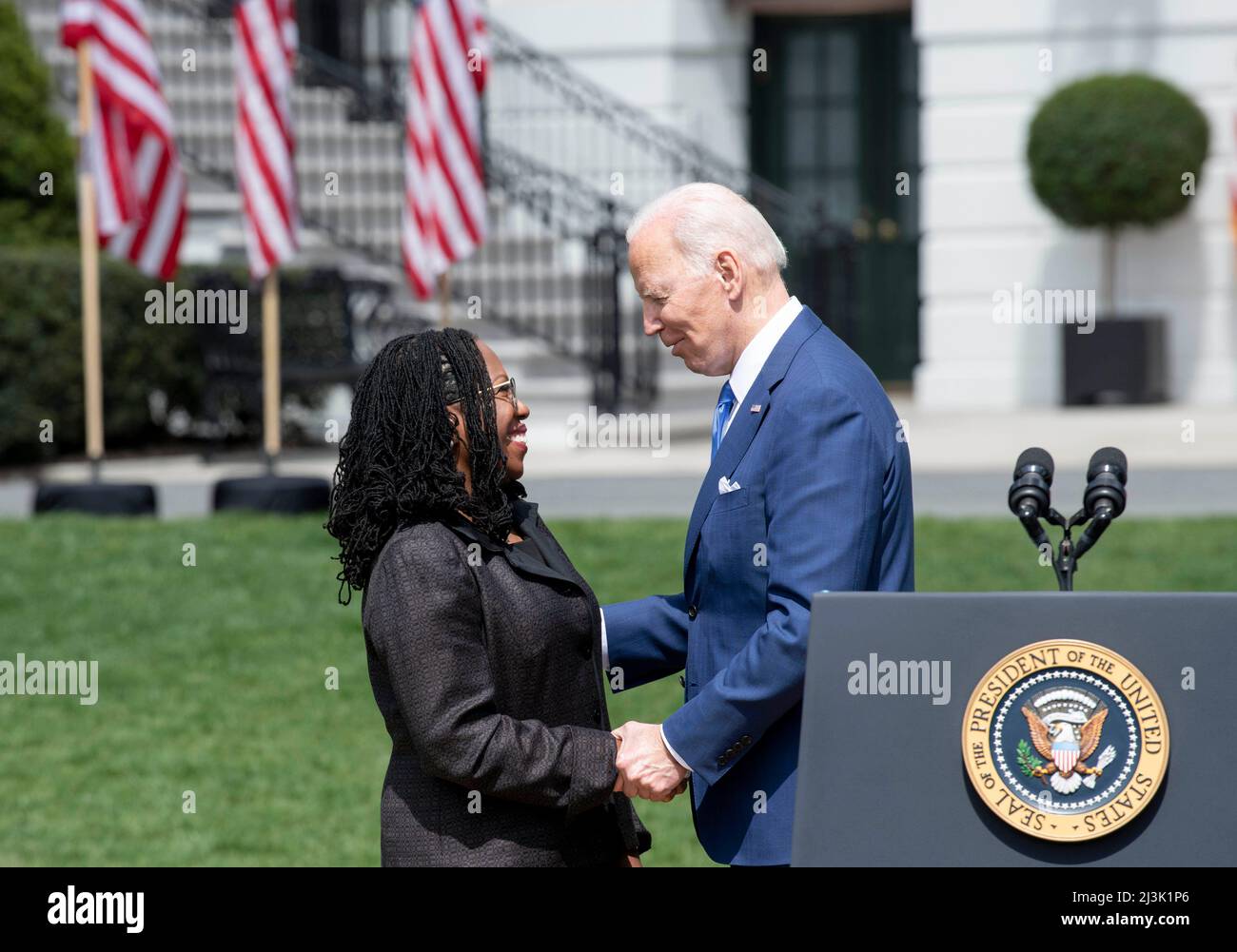 Washington, USA. 8th Apr, 2022. Judge Ketanji Brown Jackson (L) and U.S. President Joe Biden attend an event marking the Senate confirmation of Jackson for the Supreme Court at the South Lawn of the White House in Washington, DC, the United States, on April 8, 2022. The White House held the event Friday afternoon to mark the Senate confirmation of the first African American woman for the Supreme Court. Credit: Liu Jie/Xinhua/Alamy Live News Stock Photo
