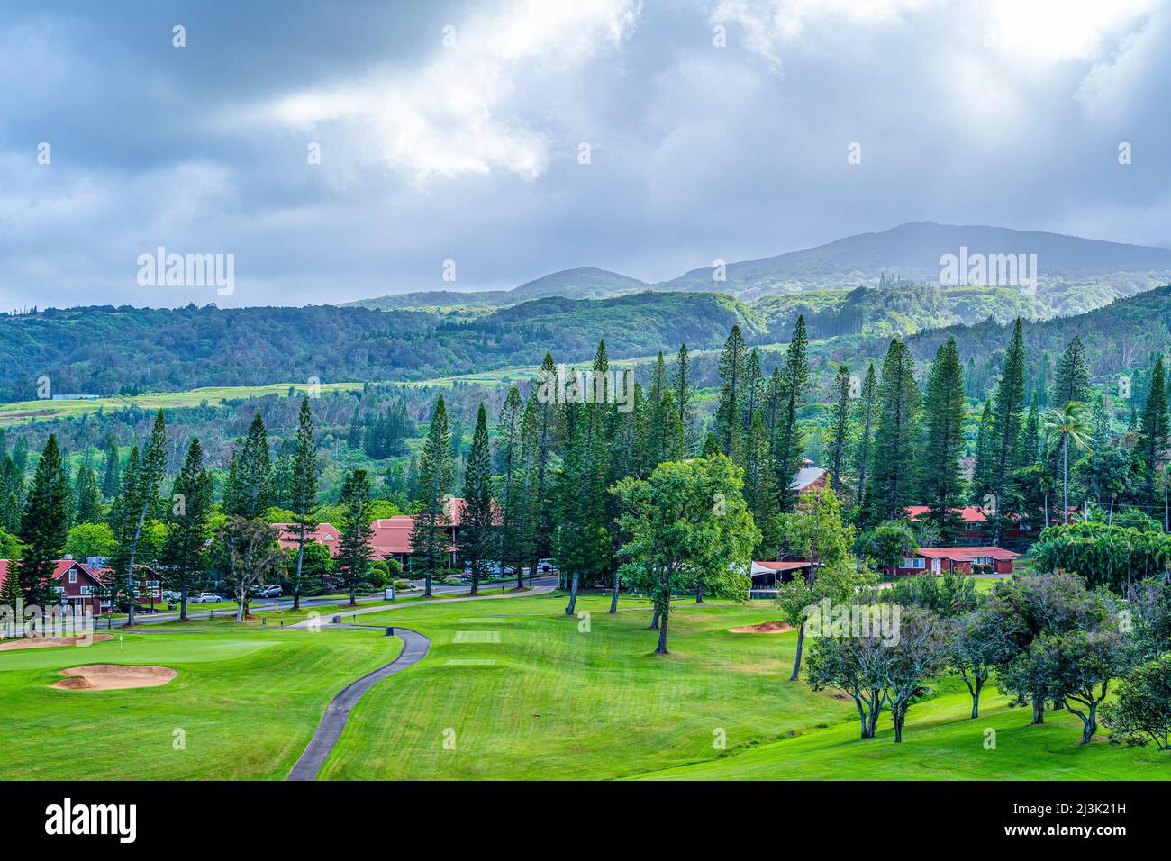 Golf course with buildings and tall trees on the island of Maui, with