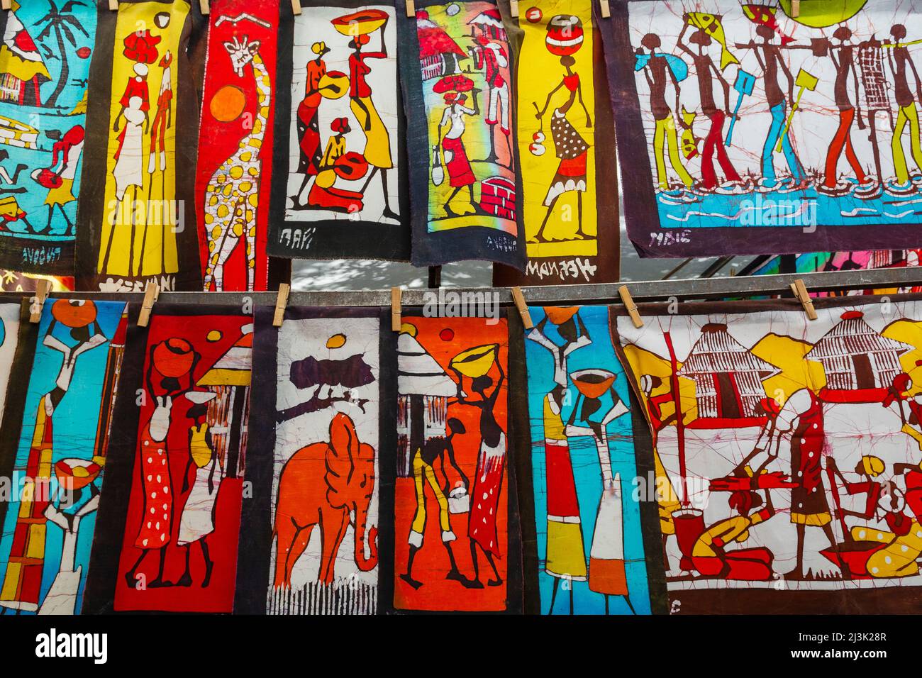 Cultural souvenirs on display in the market stall in Greenmarket Square