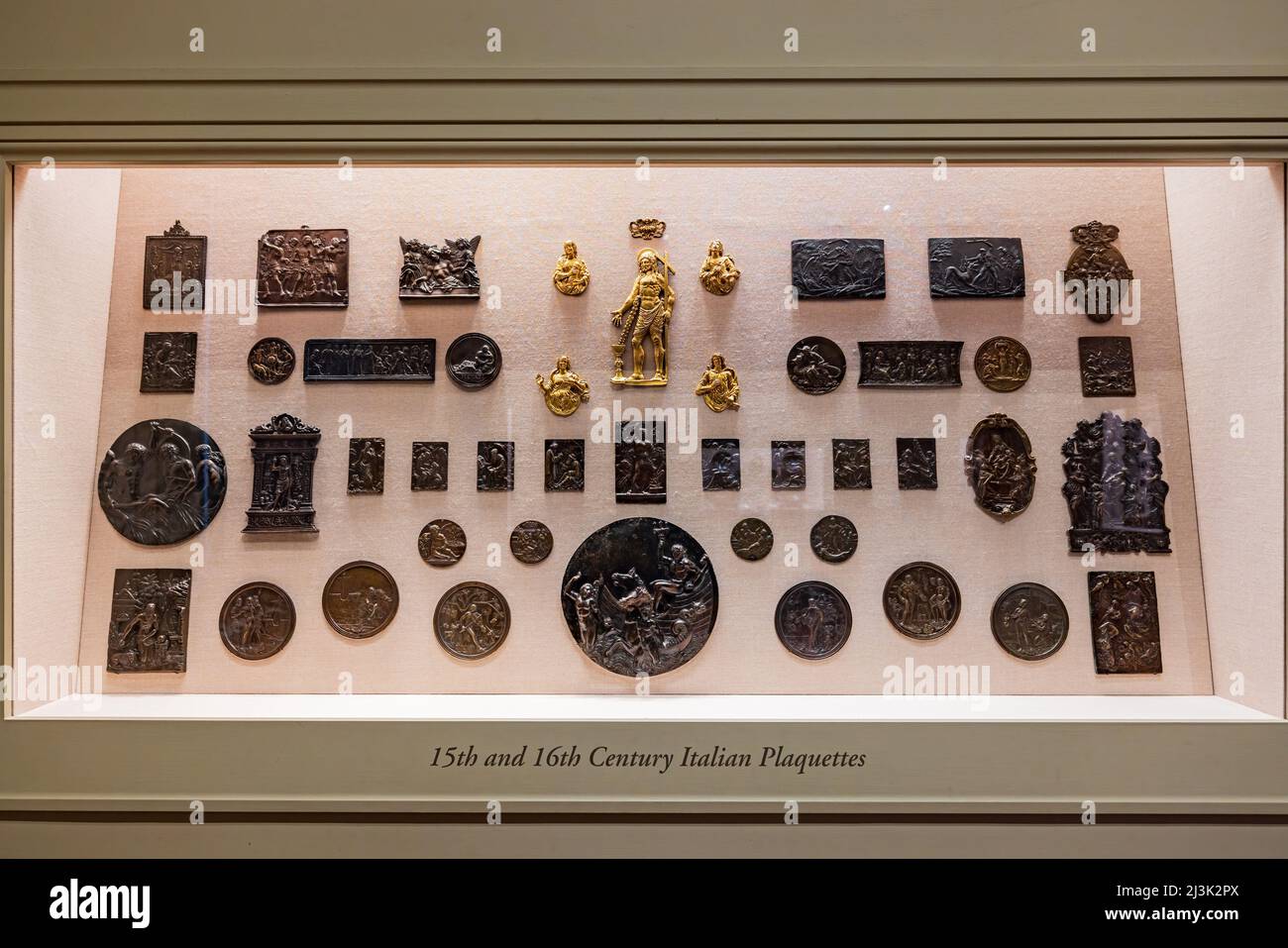 Washington DC, MAR 31 2022 - Close up shot of the 15th and 16th Italian Plaquettes display in the National Gallery of Art Stock Photo