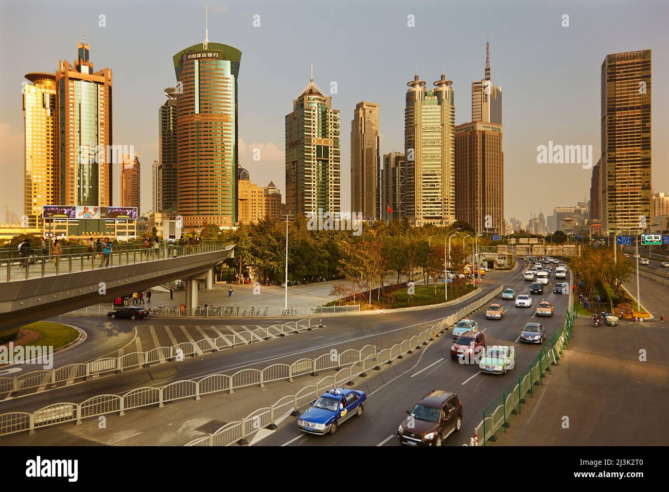 Buildings and traffic in the Lujiazui district of Pudong, Shanghai, China.; Lujiazui, Pudong, Shanghai, China. Stock Photo